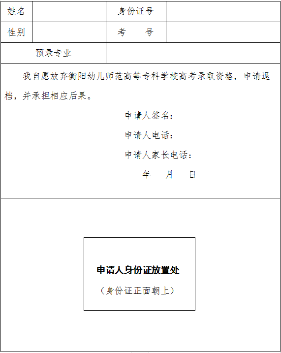 自愿放棄衡陽(yáng)幼兒師范高等專科學(xué)校2020年高考錄取資格申請(qǐng)表